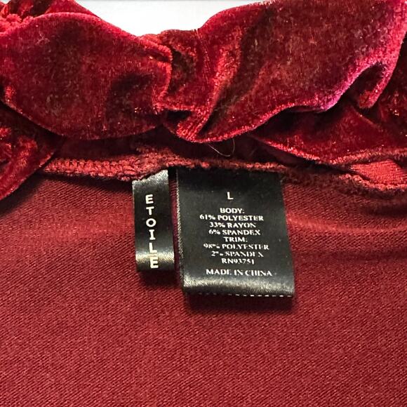 Etoile Ruffled Knit Cardigan Sz Large Open Front Velvet Trim Wine Red Boho Chic - Picture 3 of 6